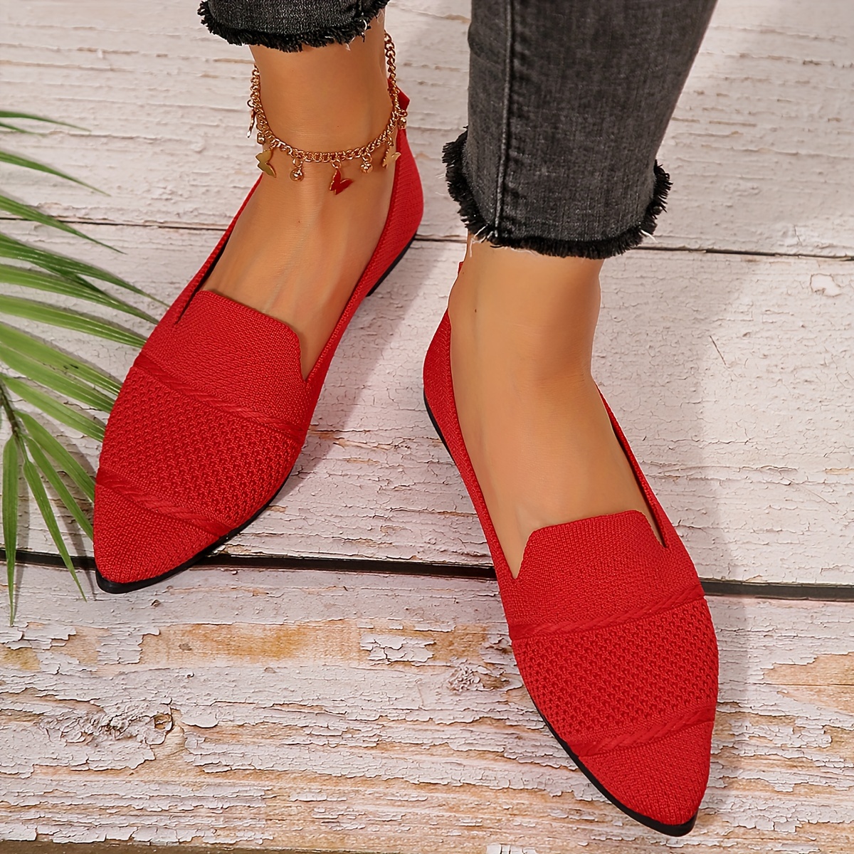 Elegant Ballet Flat Shoes For Women, Slip-On Breathable Soft Sole Daily Knitted Ballets, Point Toe Daily Wear