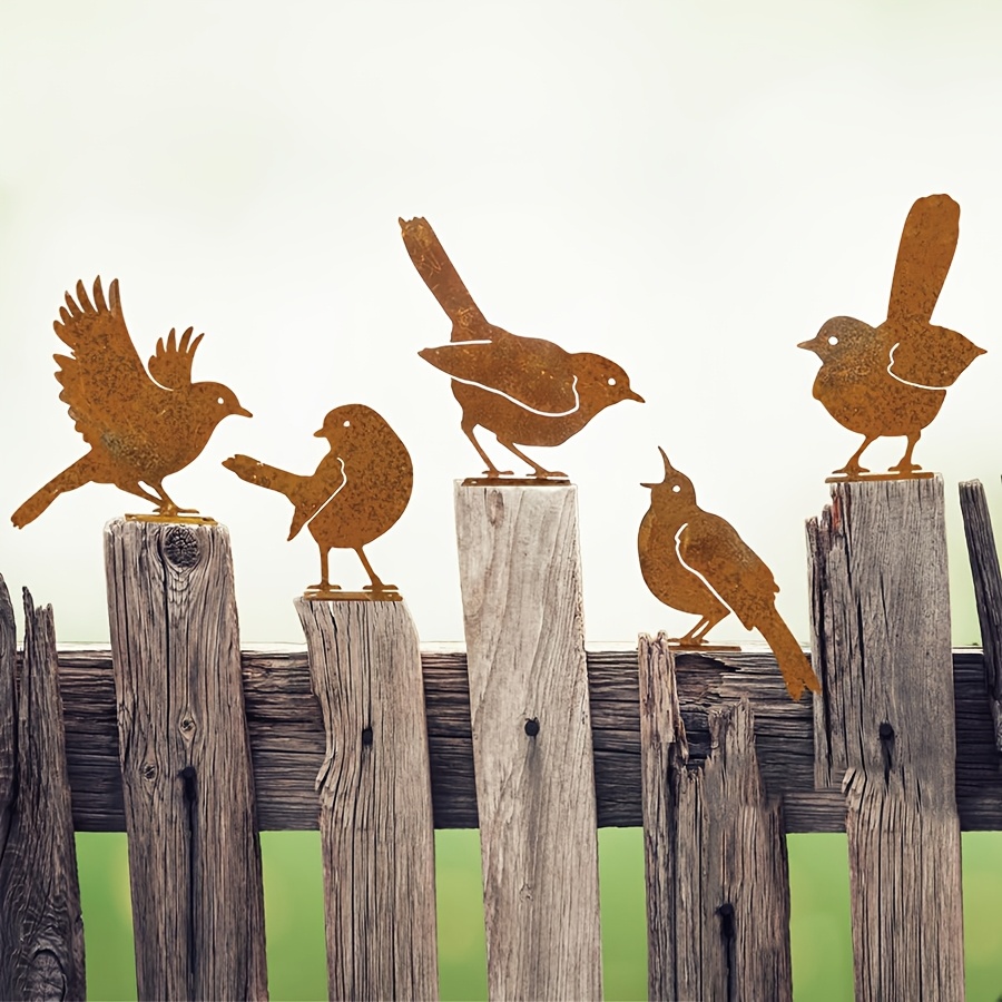 E-shop Set mit 5 Metall Robin Zäune Dekorationen für Gartenkunst im Freien, rostige Vogel Kunst für Außenbereich und Gärten, Metall Vogel Silhouette