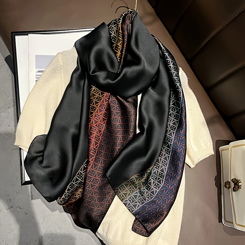 TEMU Thin Smooth Satin Scarf - Geometric Chain Print, Elegant Style, Women's Travel Accessory, Suitable For Eid, Headscarf