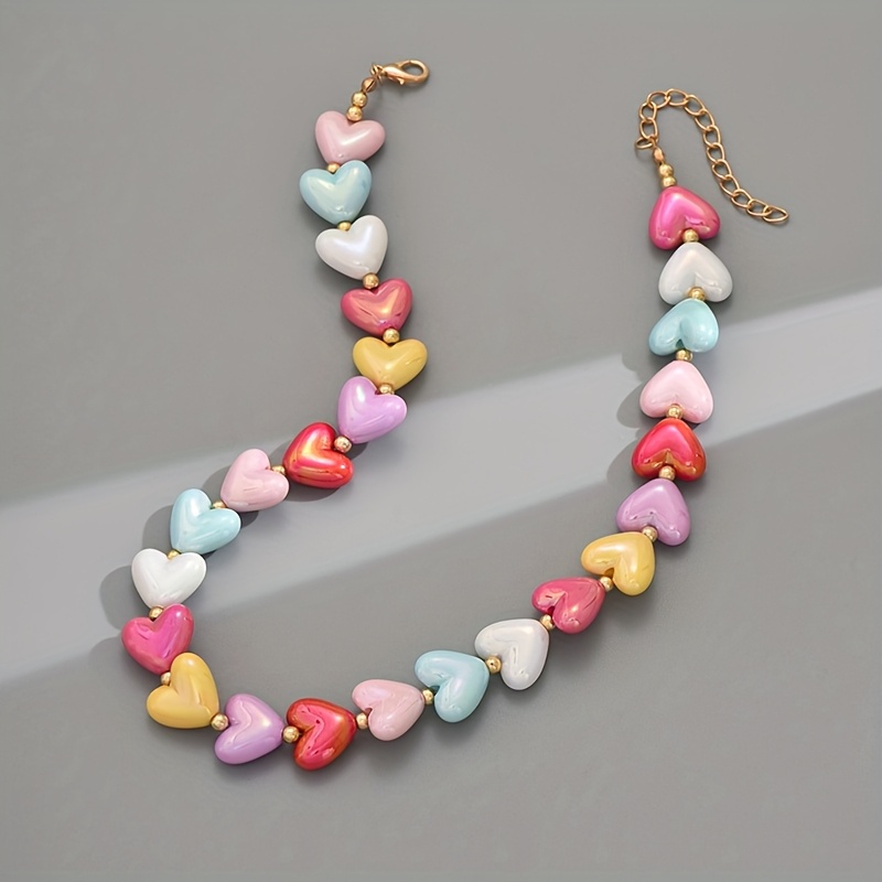 Easy Cute Resin Candy-colored Heart Necklace Women's (heart Color Random)