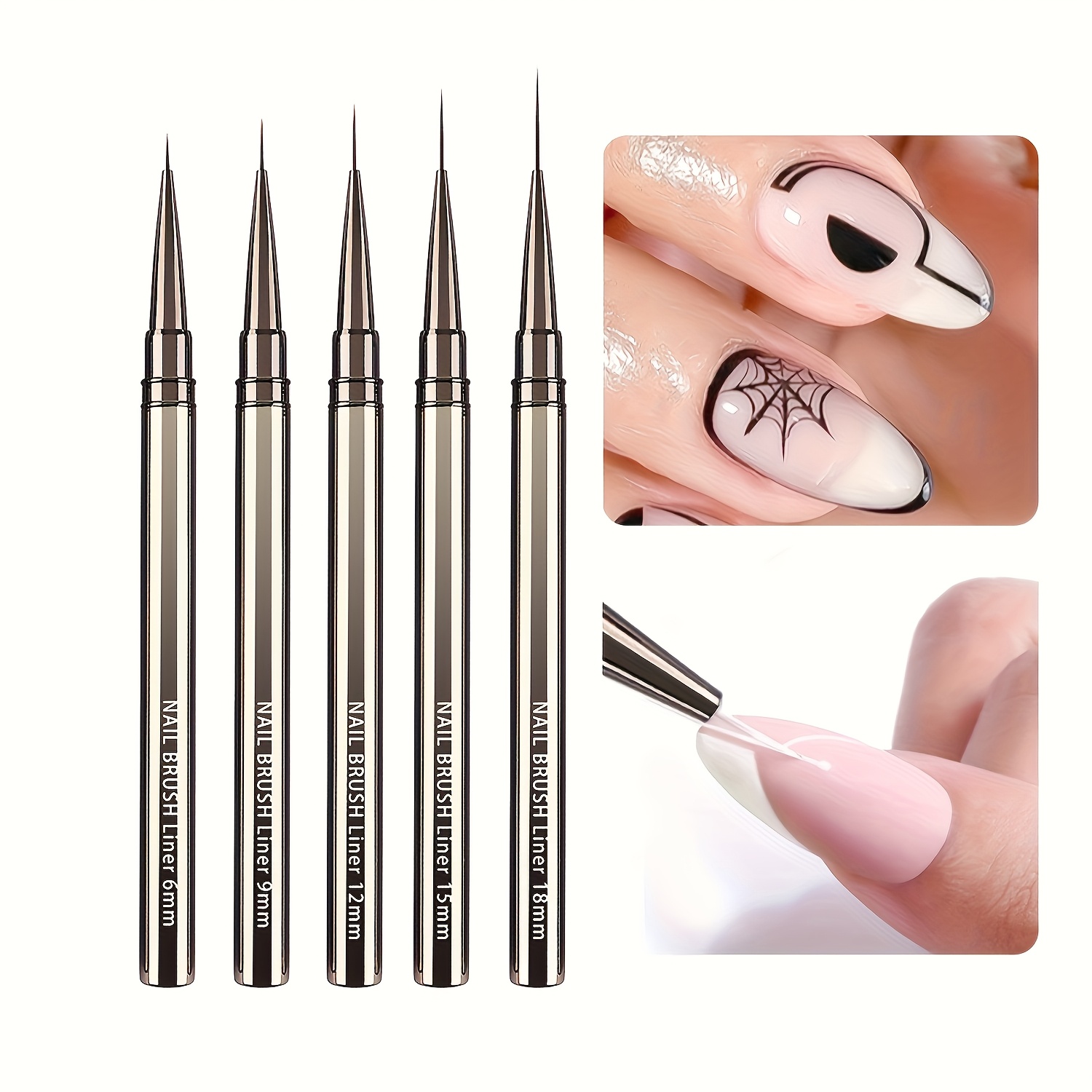 TEMU Metallic Gun Color Nail Art Brush Set Of 5, Gel Polishing Nail Brushes For Drawing Lines And Flowers, Featuring A Metal Handle With Striping Brushes In Sizes 6/9/12/15/18mm