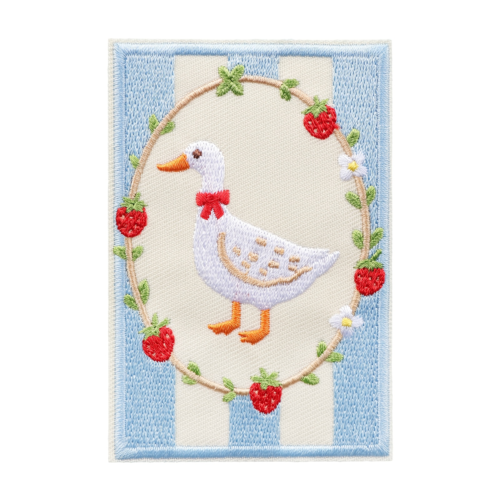 TEMU 1pc Cute With Red Bow Strawberry Floral Iron On Embroidered Patch, Vintage Striped Background Animal Sew/iron On Applique, Cottagecore Decor