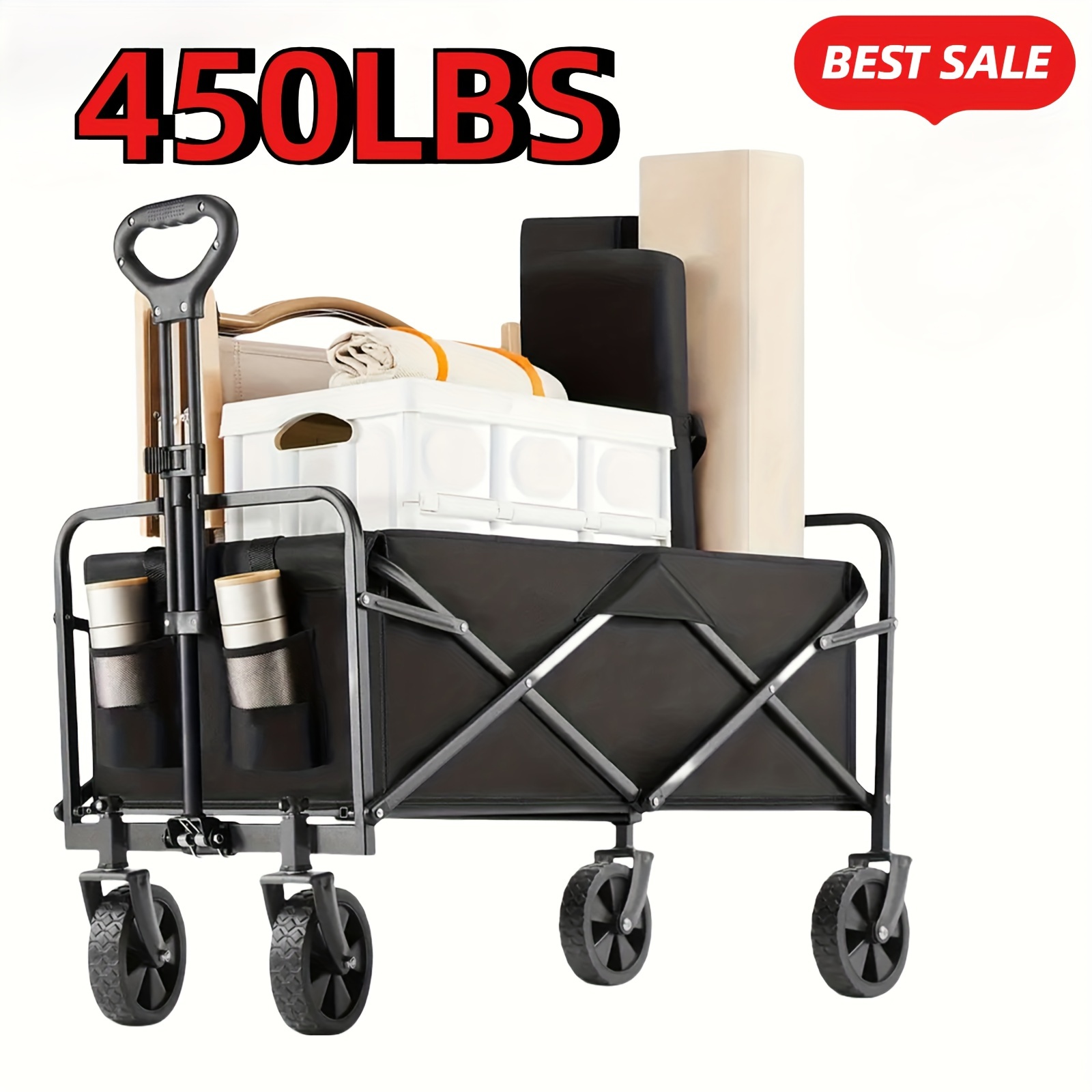 

300lbs/330lbs/450lbs Folding Wagon Cart - 360° Wheels, Large Capacity, Collapsible, Portable, And Foldable Outdoor Cart With For Camping, Sports, Yard, Lawn, And Gardening For Store Display