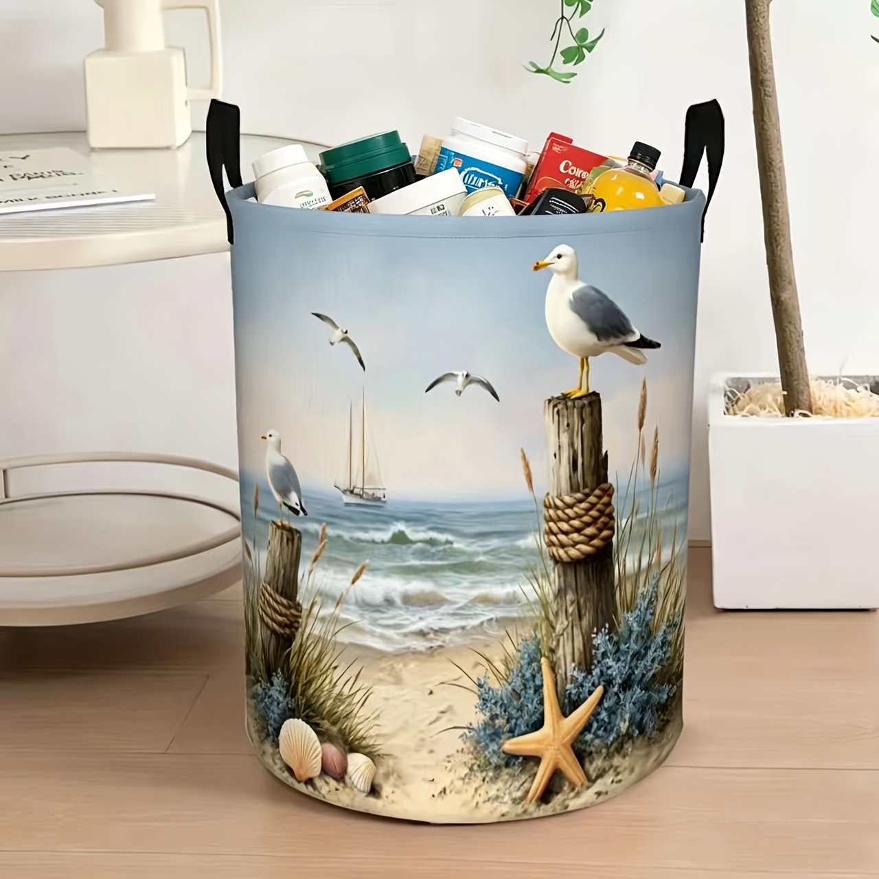 TEMU 1 Beach-themed Laundry Basket With Seagull Pattern - A Foldable Round Storage Bin Made Of Polyester With Handles, Perfect For Bedroom Decor And