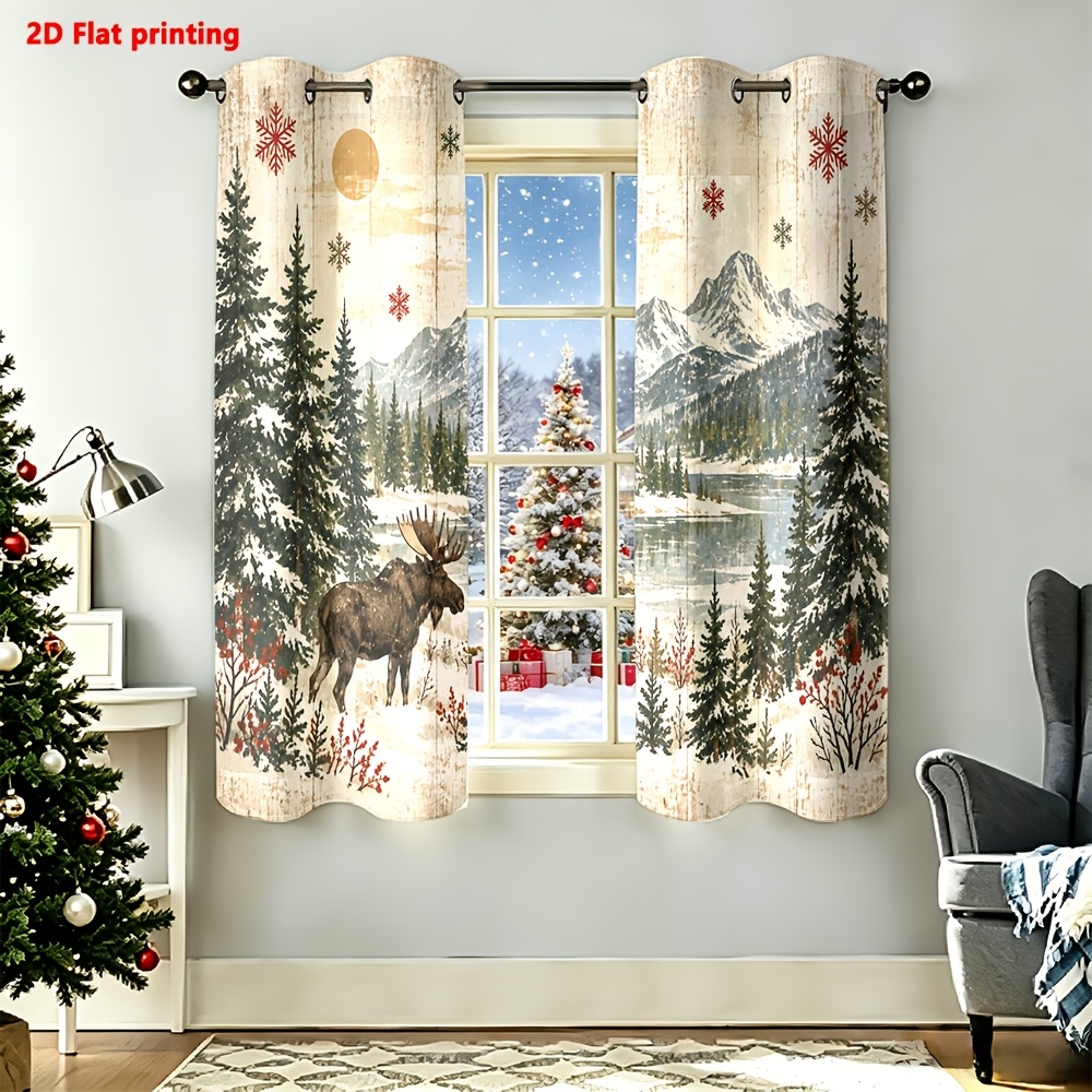 Image of 2d Flat, 2d Flat 2pcs Set Of Christmas Decorative Curtains Piece With A Rustic Winter And Moose Print, Perfect For Festive Holiday Decor Cozy Ambiance In Your Living Room Light Luxury , 2d Flat