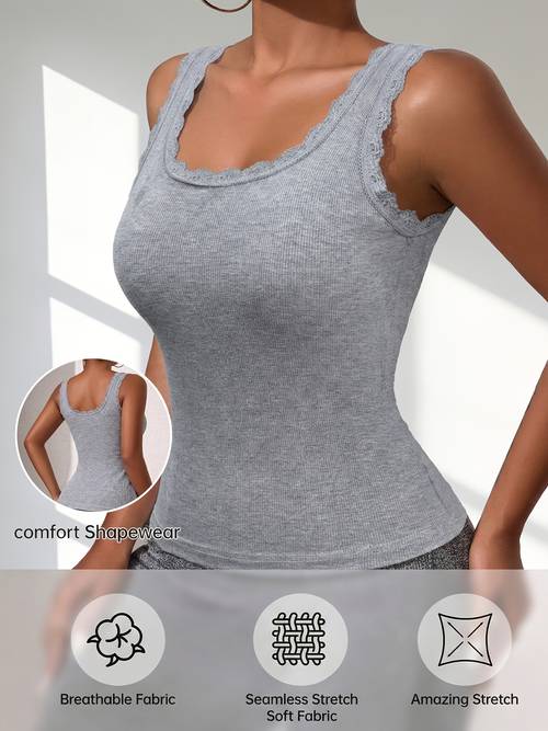 1pc womens casual ribbed lace trim lace strap undershirt base layer with padded camisole tank top