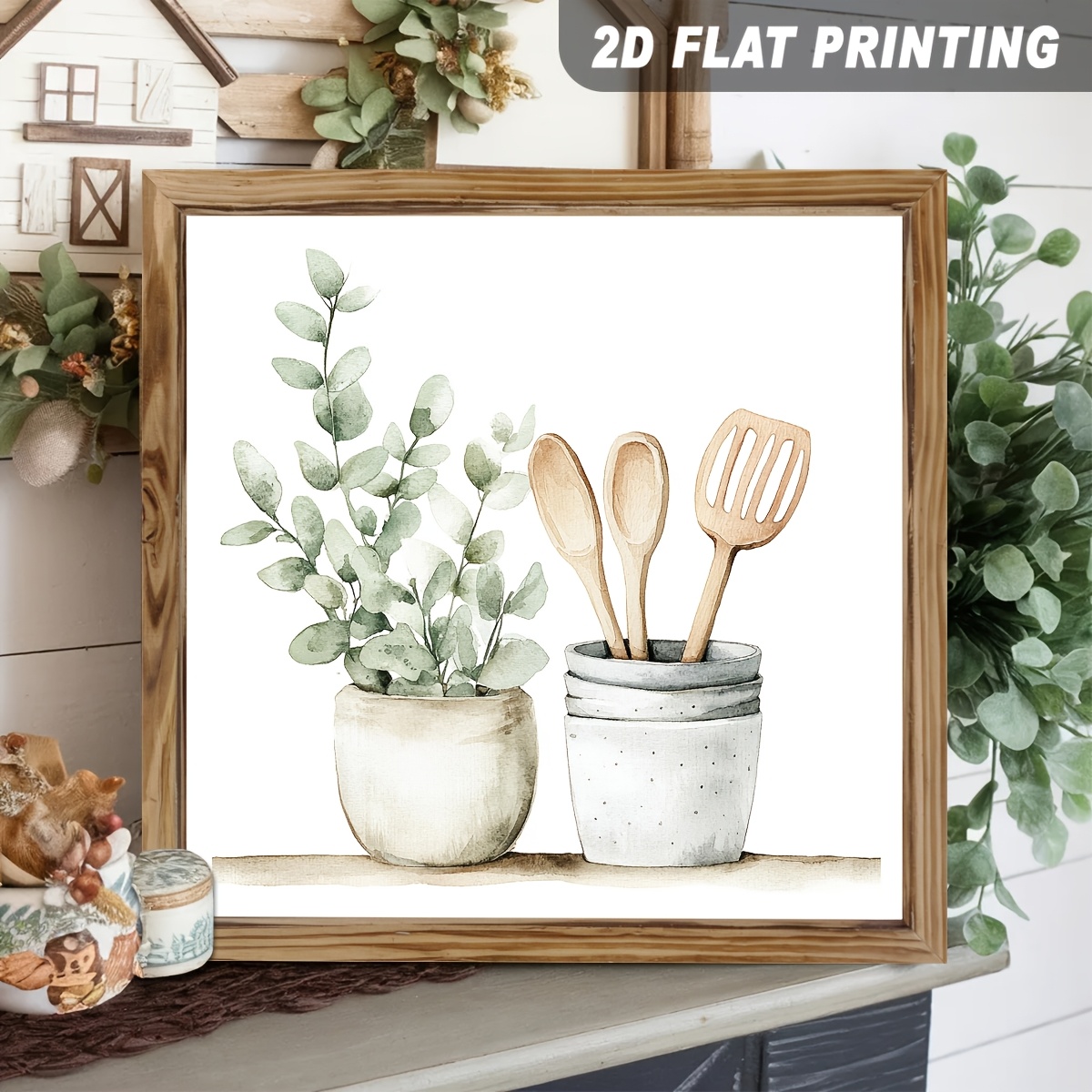 TEMU 2d Flat, Single Piece, Watercolor Painting Of An Eucalyptus Plant With Wooden Kitchen Utensils In A Ceramic Stand, Wooden Framed Hanging Sign,