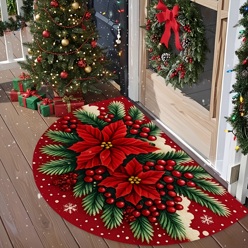 TEMU 1pc 2d Flat Printing Flannel Material Door Mat, Outdoor Courtyard Door Mat, 1pc -piece Red And Snowflake Christmas Welcome Mat - Semi-circular