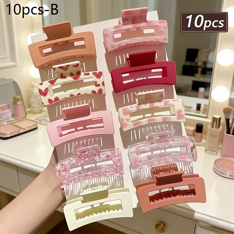 TEMU 10pcs Set Of New Simple Spring/summer Pastel Candy-colored Shark Clip Hair Claws For Women, Rectangular Hollow Out Grip Clips