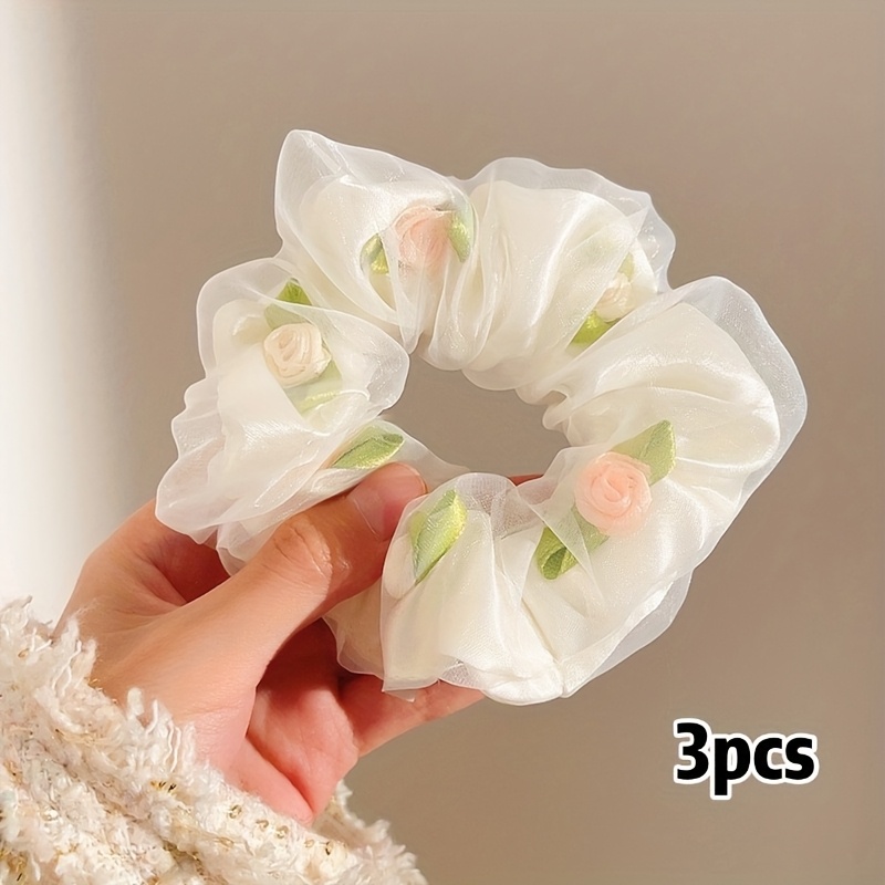 1pc/3pcs/5pcs Mesh Flower Large Hair Tie Women's High Elastic Ponytail Rubber Band Hair Rope Temperament Hair Rope Headdress