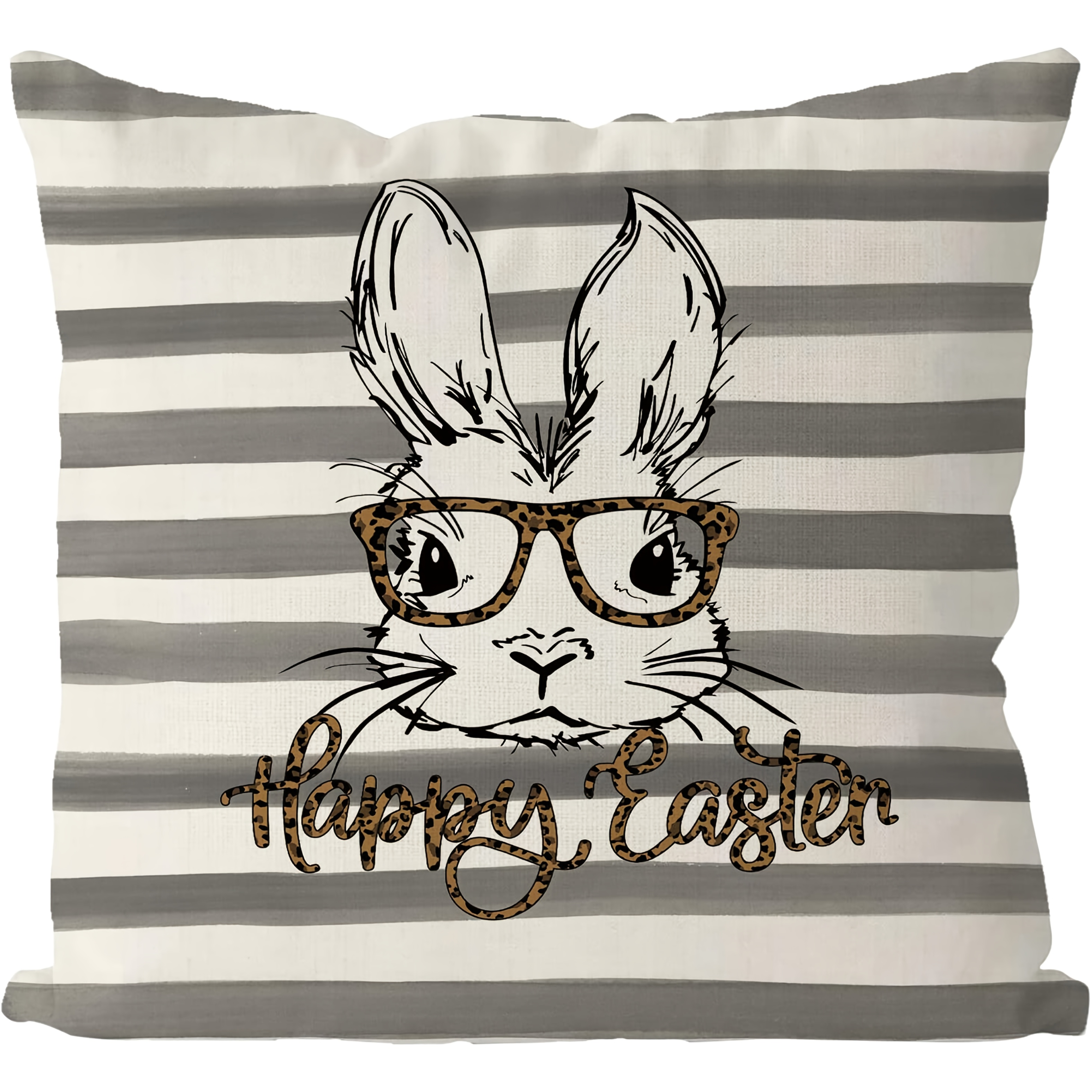 TEMU 1pc Contemporary Linen Easter Bunny Pillow Cover, Gray Striped Decorative Throw Cushion Case With Zipper Closure, Machine Washable, Single Sided