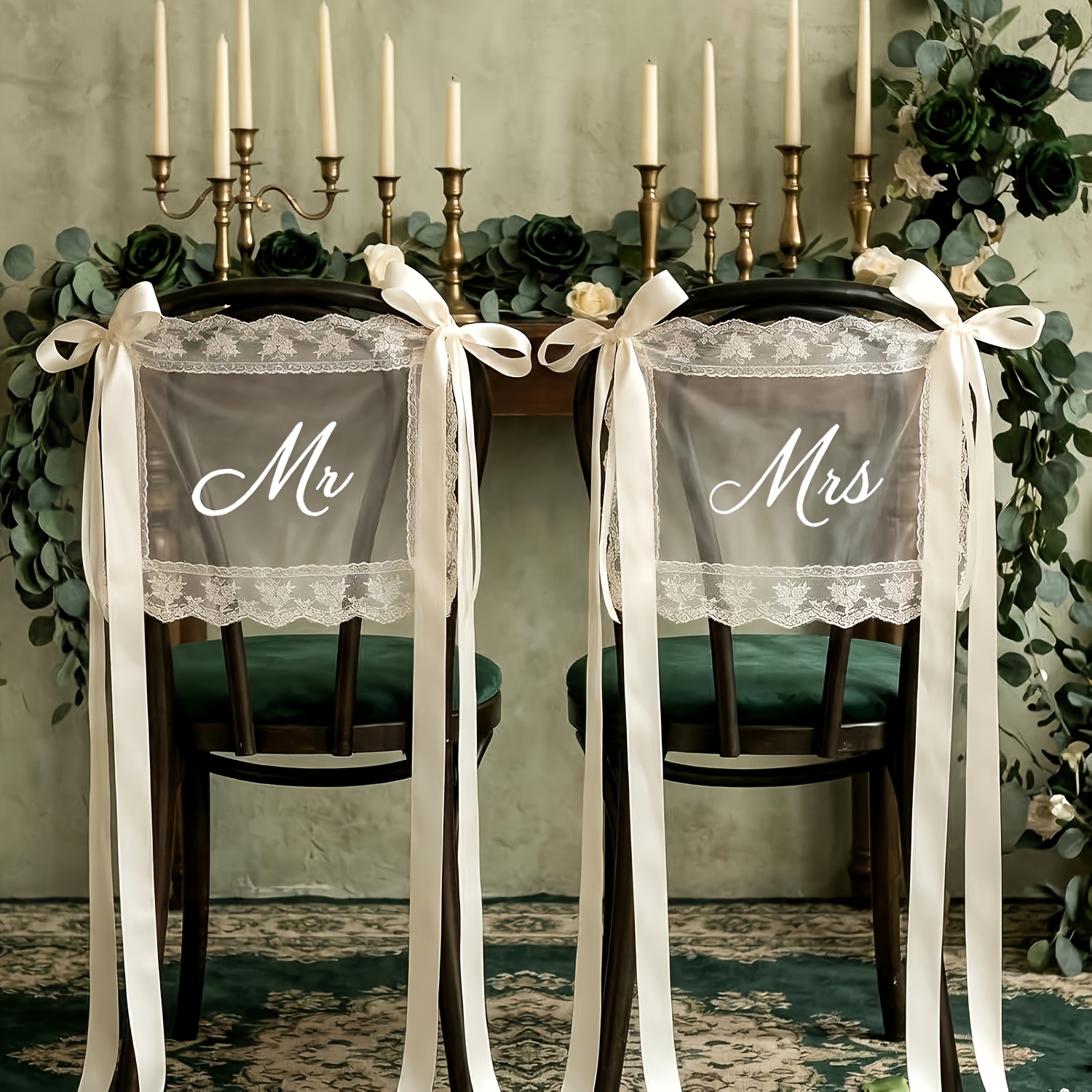 TEMU 2pcs Wedding Chair Back Signs With Ribbon - Elegant Lace Fabric Suitable For Wedding Banquet Decorations, Sweetheart Table & Chair Banner Decor,