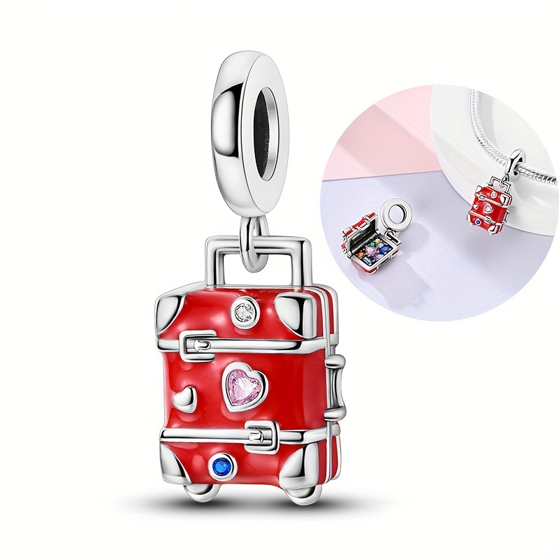 

Vintage Elegant Red Suitcase Locket Charm, 925 Silver Plated Travel-themed Zirconia Inlaid Pendant, Copper Synthetic Gemstone, Daily And Vacation Accessory For Jewelry Crafting