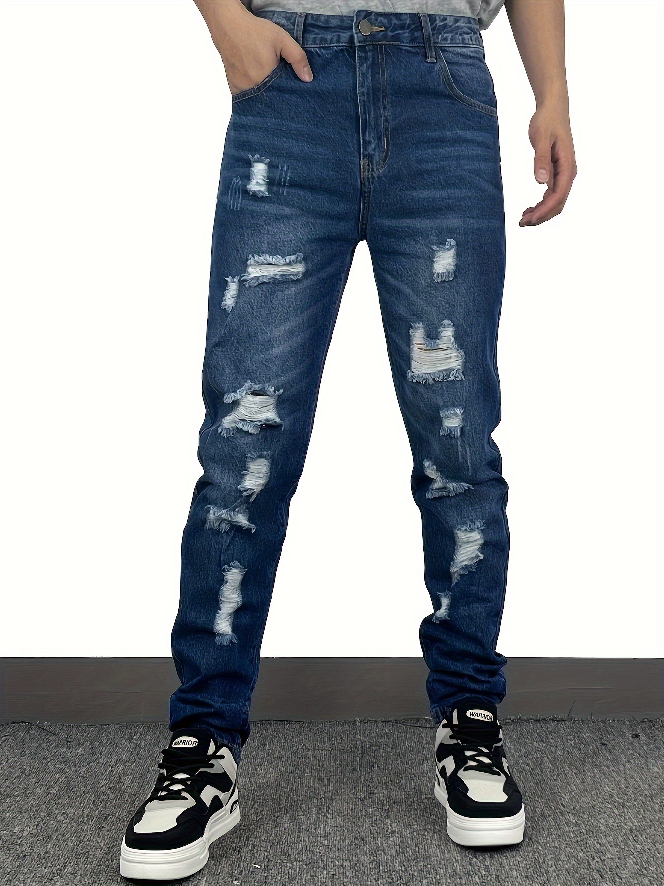 Chic Ripped Men's Cotton Blend Outdoor Denim Jeans Pockets - Temu Australia