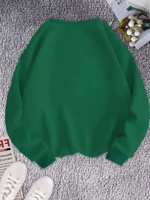 Women s Emerald Green Oversized Sweatshirt - Round Neck Long Sleeve Casual Sweater, Relaxed -Season Layering, Machine Washable Solid Color Sweater for Casual Attire & Statement Outfits, with Medium Stretch Fabric, Relaxed Fit for , and Trendy Style, Casual and Casual Attire