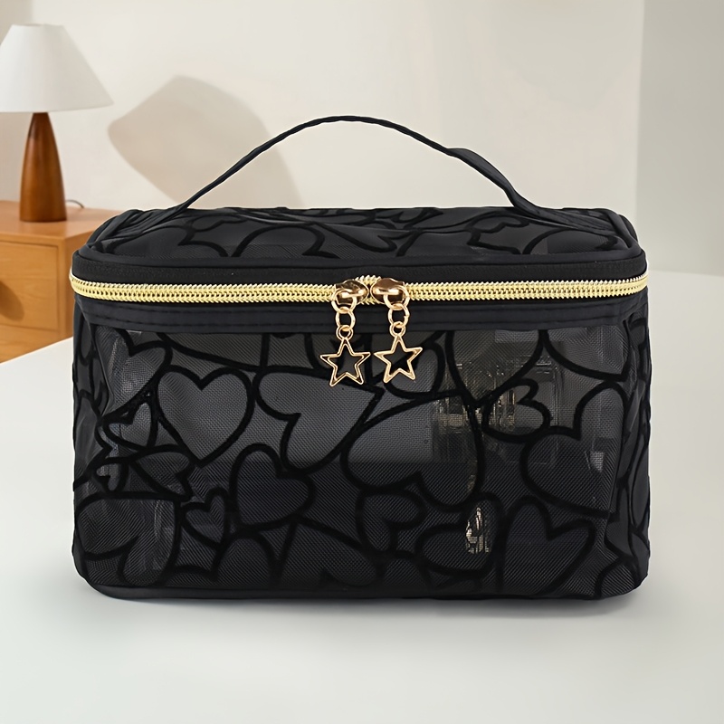 Image of [makeup Bag] Fashionable Flocked Heart Handbag Square Bag, Storage Bag, Suitable For Home Use, Travel And Outdoor Storage Use
