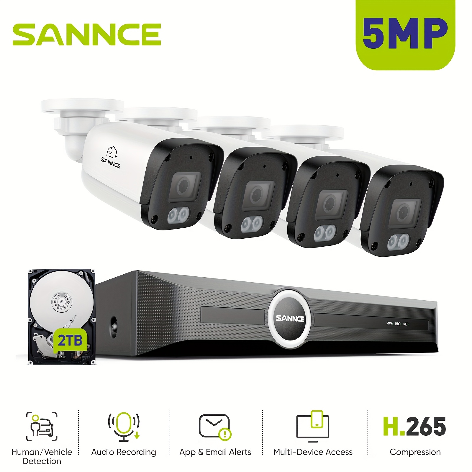Sannce 5mp Poe Security Camera System, With 4x Cameras, 6mp Nvr, With Audio, Person And Vehicle Detection, 100ft Night Vision, 2tb Hdd.