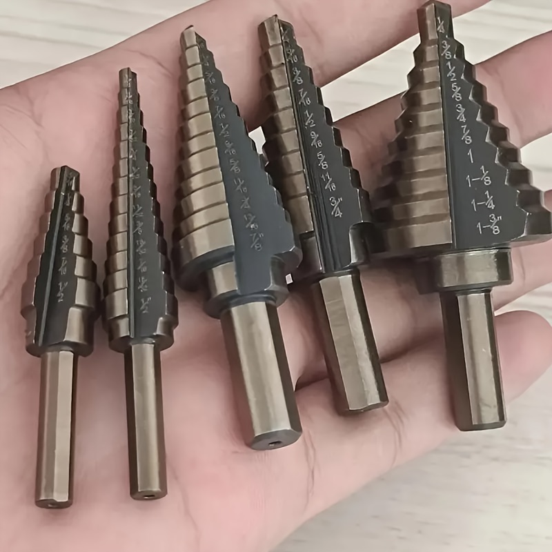 

5pcs Cobalt High-speed Steel Step Drill Bit Set, Titanium Coated, Semicircle Flute, Round Shank Multi-size Hole Enlarging Bits