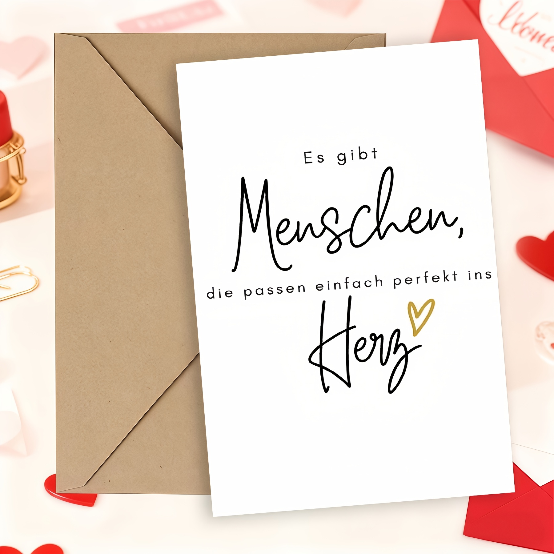 Image of 1set Friendship And Love Greeting Card, Minimalist White Card With German Quote, Sweet Heart Accent Design Card For Any Occasion
