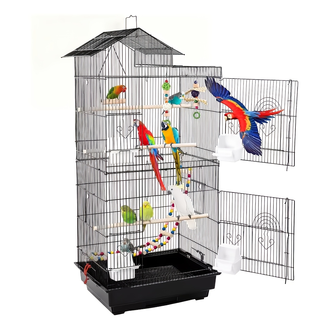 TEMU Large Birdcage Measuring 49 X 34 X 100 Cm, Equipped With Bird Toys, Featuring 6 Doors, A Ladder For Birds, And 4 Feeding Troughs. It Includes A