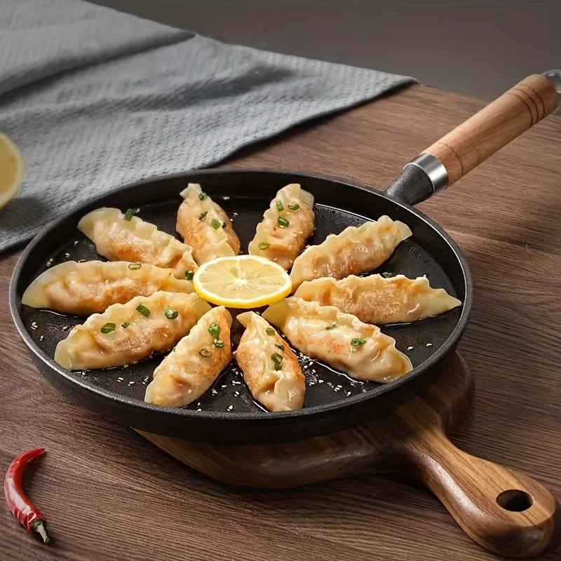 1pc   thick cast iron non stick frying pan with wooden handle   omelets pancakes   steak frying pan essential kitchen cookware for effortless cooking 3