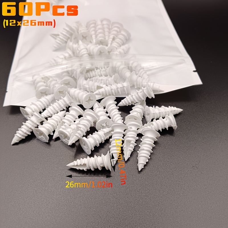 Image of 60pcs White Plastic Wall Plugs, Spiral Design Fixing, 12/16mm High Hardness, -drilling Installation For Walls