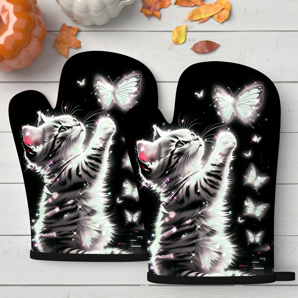 TEMU 2pcs Cute Oven Mitts Heat - Cat Playing With Watercolor Illustration Heat Resistant 27x17 Cm Polyester Kitchen Additions For Baking, Cooking,