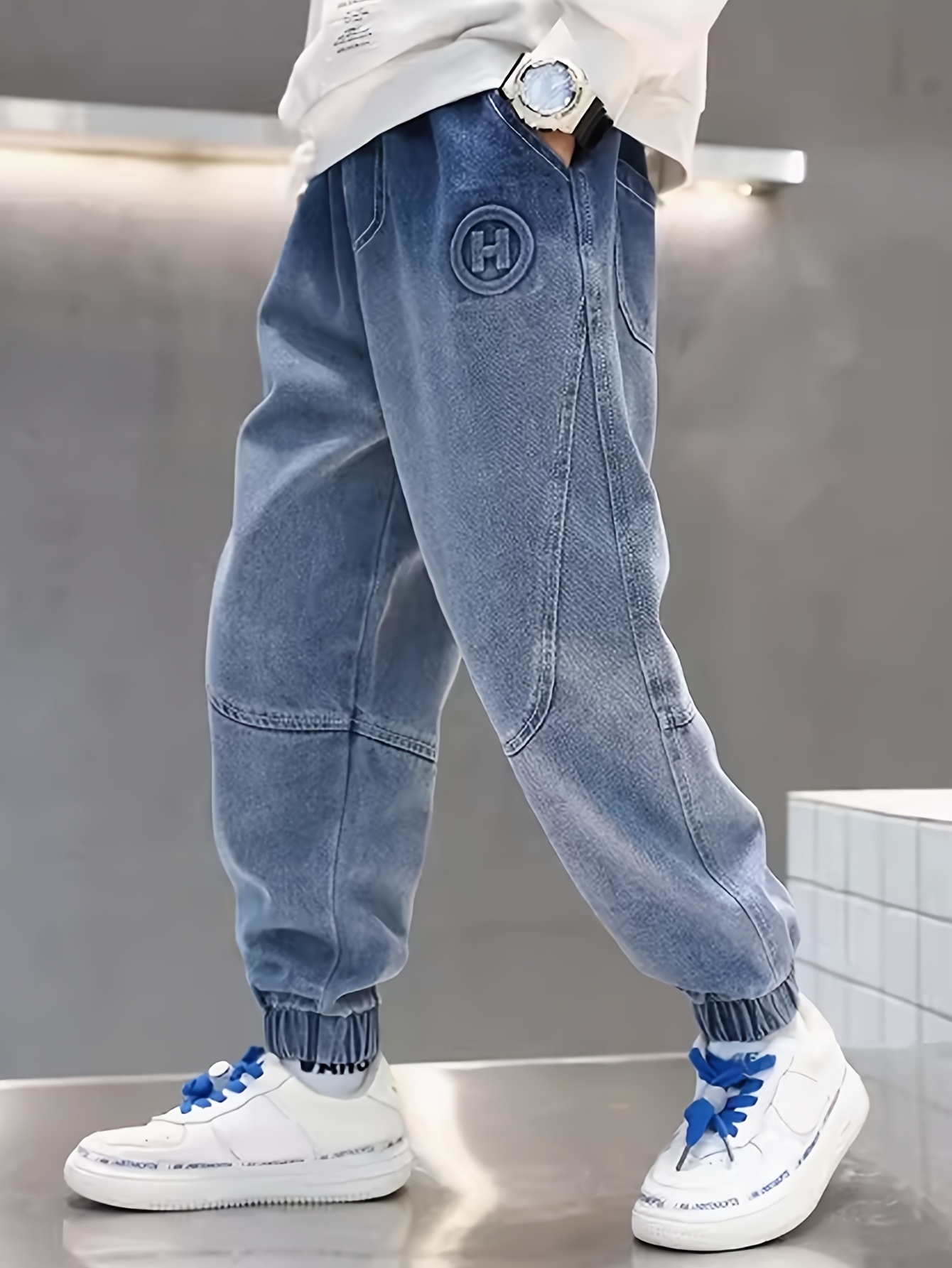 boys denim jogger jeans high waist elastic cuffs casual Temu