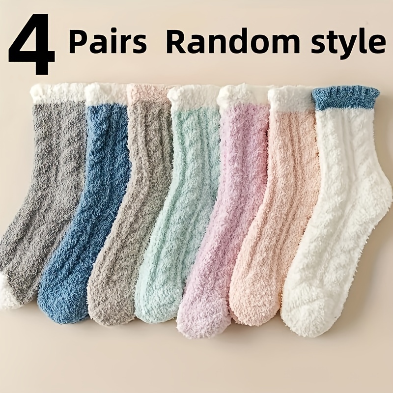 TEMU 4 Paires de Chaussettes Aléatoires en Molleton Doux pour Femmes, Chaussettes Chaudes et Décontractées en Peluche, Adaptées à et à l'Hiver