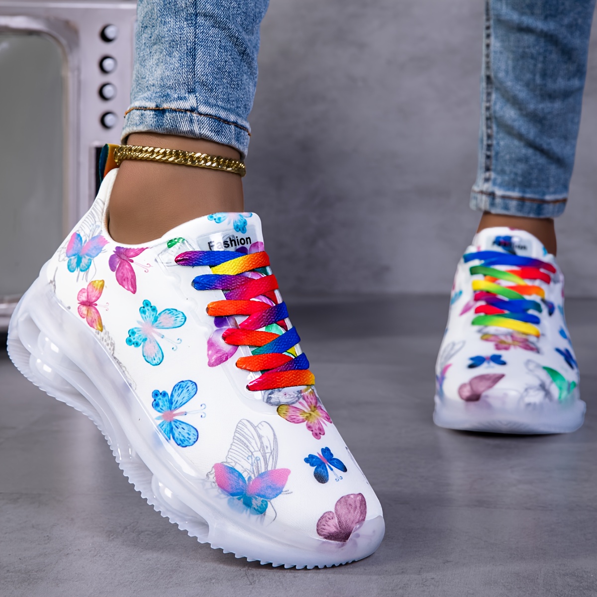 Sneakers, Butterfly Print Women's Shoes, Autumn/Winter Four-Season Style, Mesh Breathable Road Running Shoes, Lightweight Soft-Sole Women's Air Cushion Casual Shoes, Daily Wear Plus Size Casual Shoes