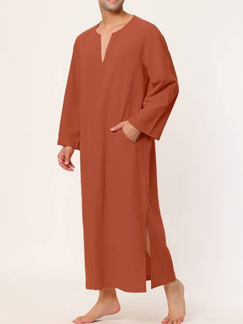 mens nightgown robe v neck long sleeve nightdress with side slit pajama loose fit full length sleepwear for spring summer fall hand washable bedrobe no belt
