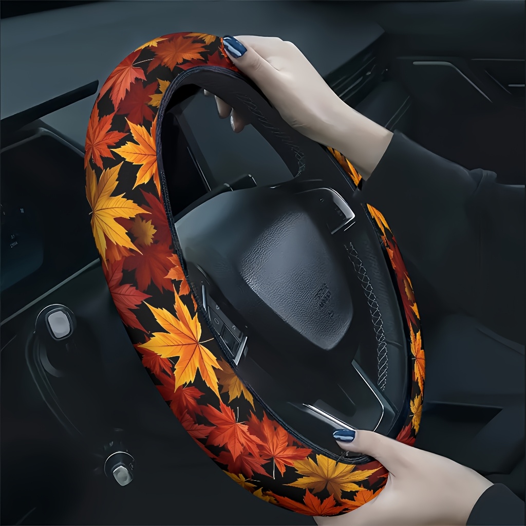 TEMU 1pc Autumn Leaf Swirl Multicolor Car Steering Wheel Cover, Soft And Breathable Texture, Hand Fatigue, , Fashionable Car Accessory, A Gift
