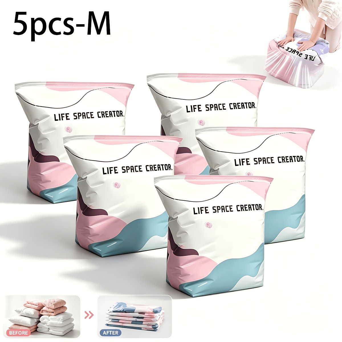 TEMU 5 sacs de rangement sous vide robustes pompe, compression répétée par à pression, fermeture à glissière pompe à air, pour vêtements et literie,