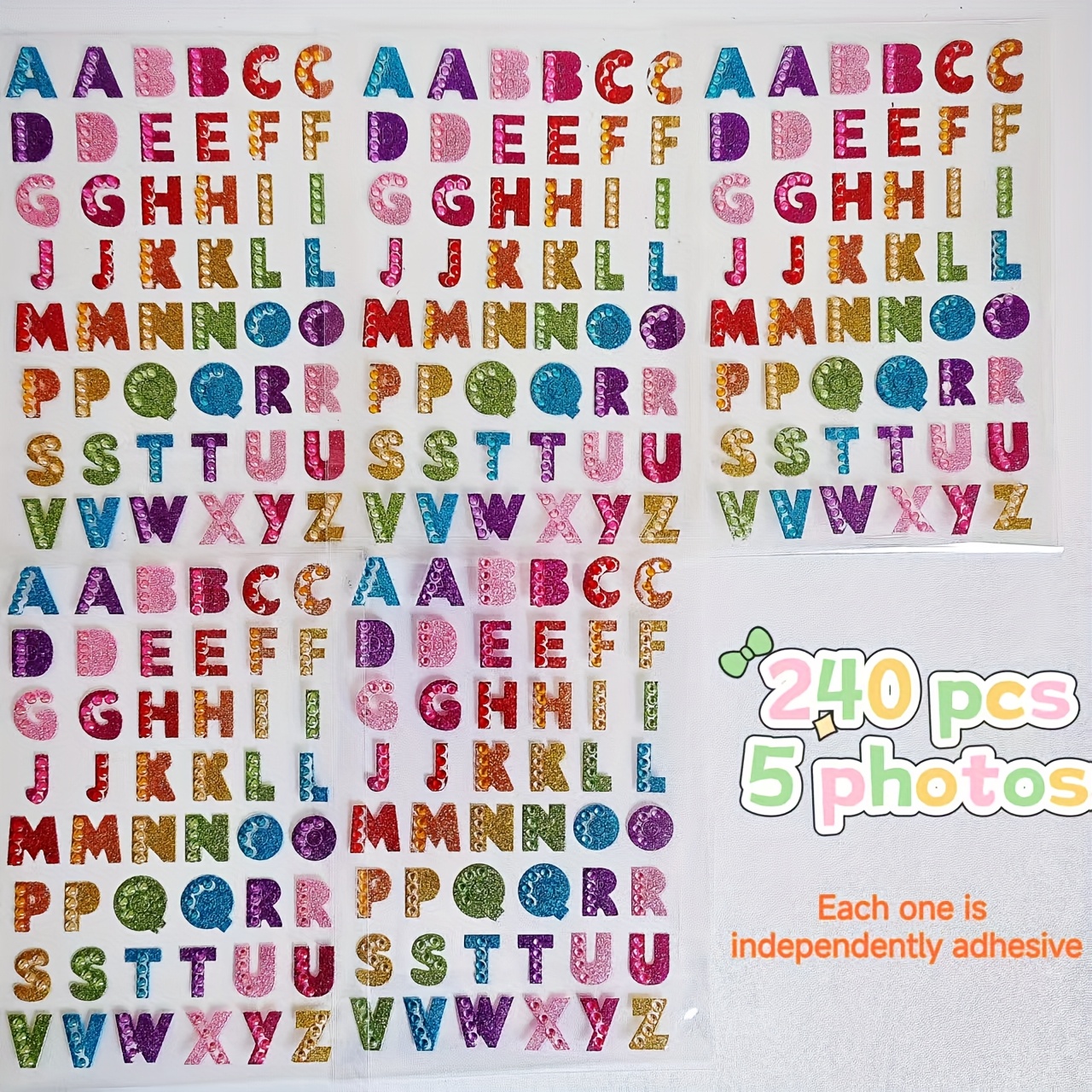 240pcs Of 5 Sheets Of Colorful Glitter Gradient Diamond Stickers With English Letters, Featuring 3d Patterns In Rainbow Ab Colors, Suitable For Handmade Projects, Self-adhesive And Reusable