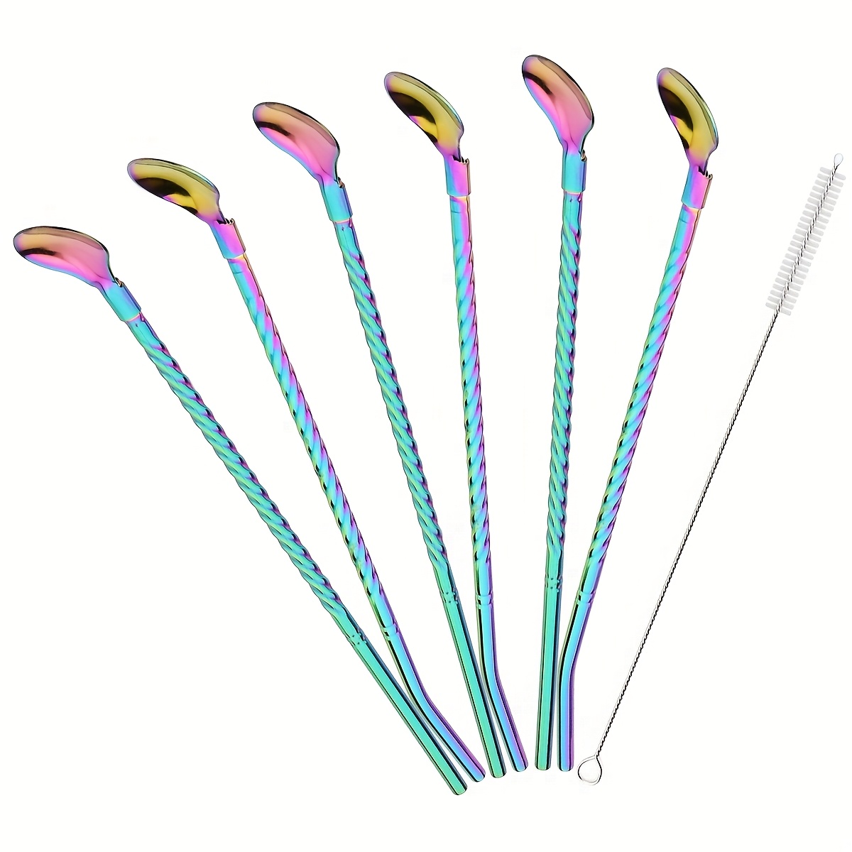 Image of 6pcs Set Of 2-in-1 Straws And Spoons, 304 Stainless Steel Spiral Straws, Durable Metal Straw Set With 1 Cleaning Brush, Suitable For Milk Tea, , Juices, Coffee, Cocktails, Kitchen Drinking Additions