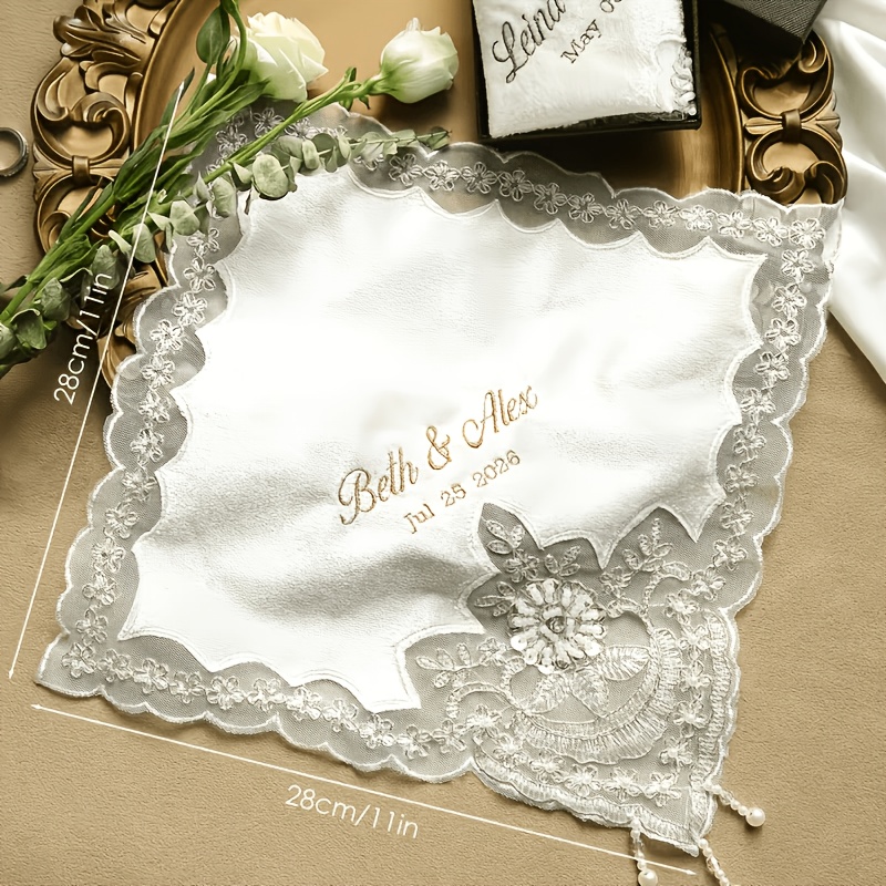TEMU Personalized Embroidered Bridal Handkerchief With Custom Name & Wedding Date - Elegant Lace Wedding Hanky Suitable For Bride, Wedding Keepsake