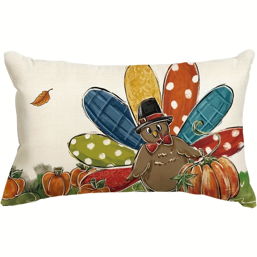 

Jit 1pc Country- Throw Cover With Thanksgiving Turkey & Pumpkin Design, Zippered Case For Various Room Types, Machine Washable, Woven, 12x20 Inch