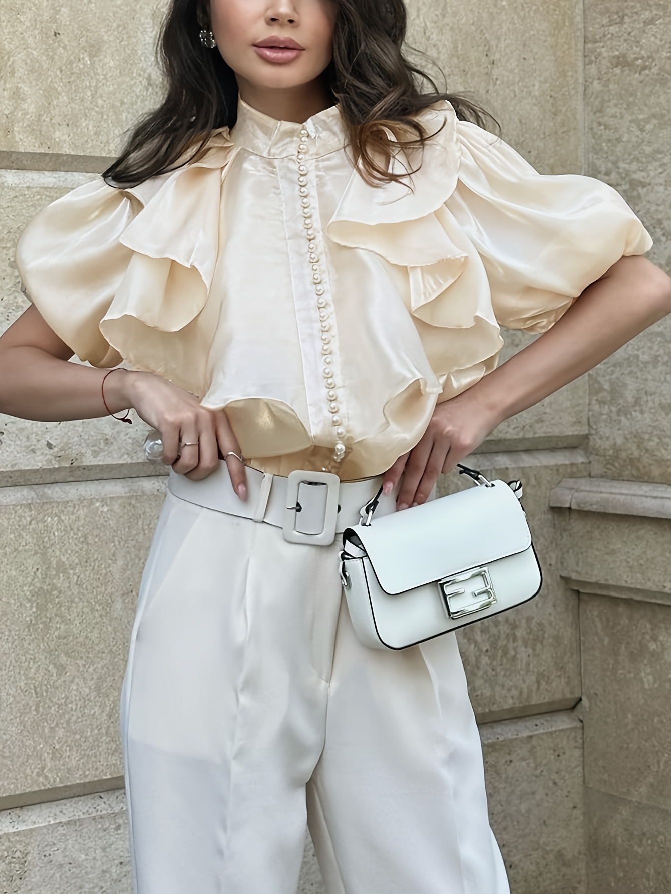 plus size pearl decor satin blouse elegant ruffle short - Temu Germany, image size:800x1066