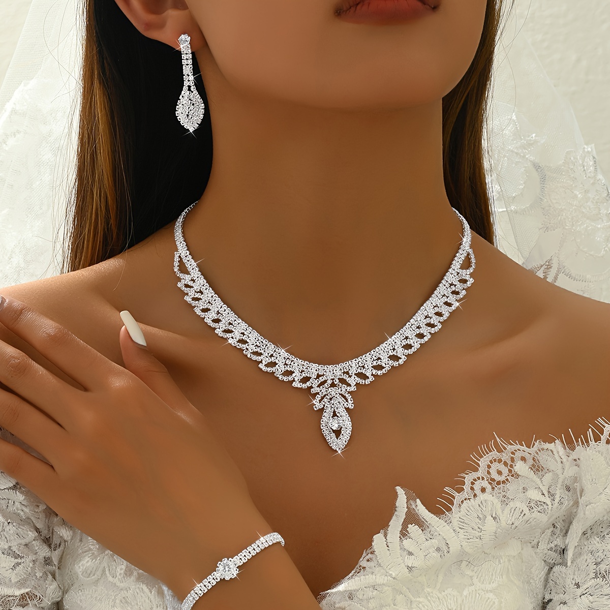 

1 Set Fashionable Wedding Jewelry Set, Rhinestone Necklace, Earrings, And Adjustable Bracelet, Brides And