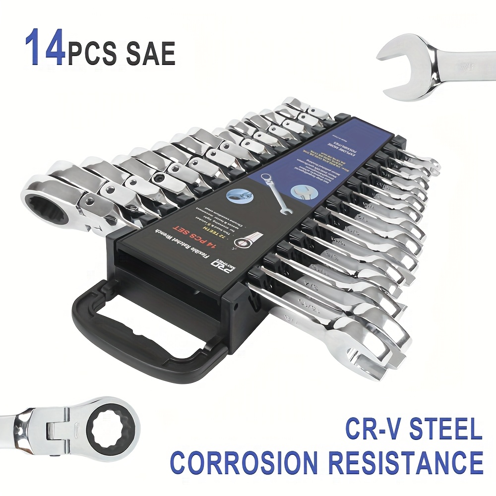 TEMU Professional 14-pcs Sae Ratcheting Wrench Set - 1/4" To 7/8" Chrome Vanadium Steel With Organizer Rack - For Automotive & Mechanical Repair