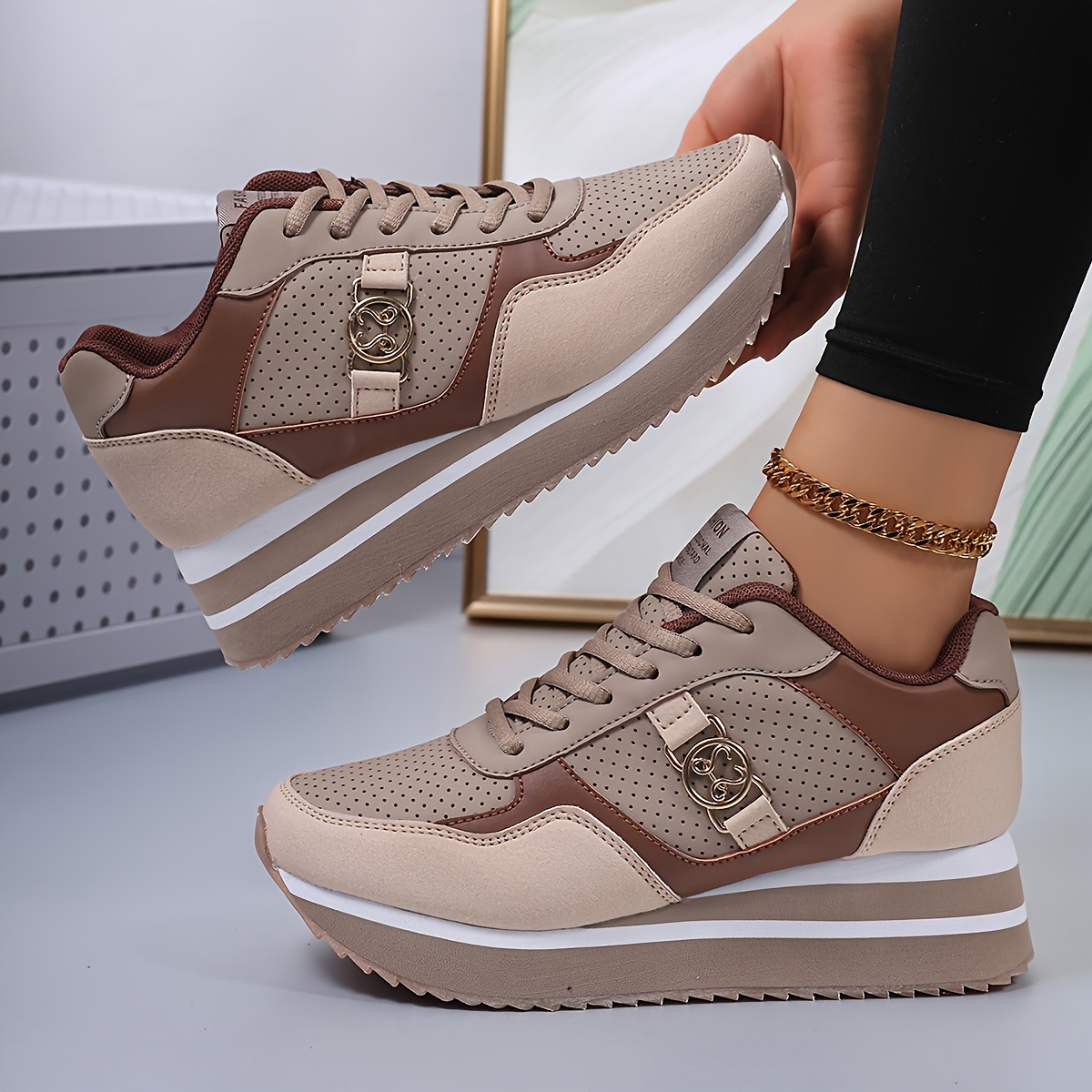 TEMU Women's Retro Height-increasing Solid Non-bottom- Round Toe Lace -block Shoes Breathable Preppy Style Lightweight Comfortable Soft Sole Casual