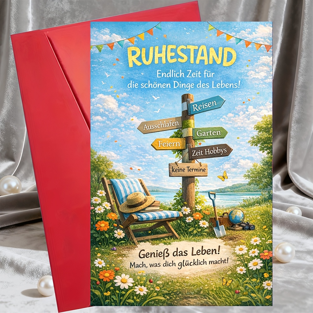 TEMU 1 Greeting Card + 1 Enveloperetirement Card Theme German Text Travel Garden Relax Celebration No Appointments Gift For Colleagues Farewell Party