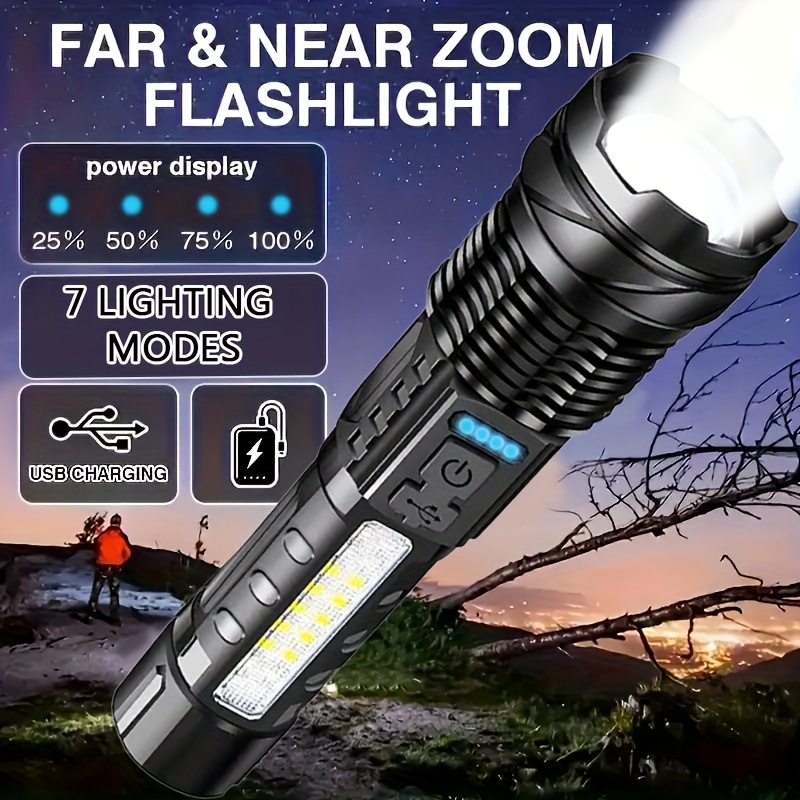 

1pc Macrocosm Usb Rechargeable Led Flashlight, 800mah Lithium Battery, 7 Lighting , With Cob Side Light, With Portable Clamp For Home, Travel, Exploration