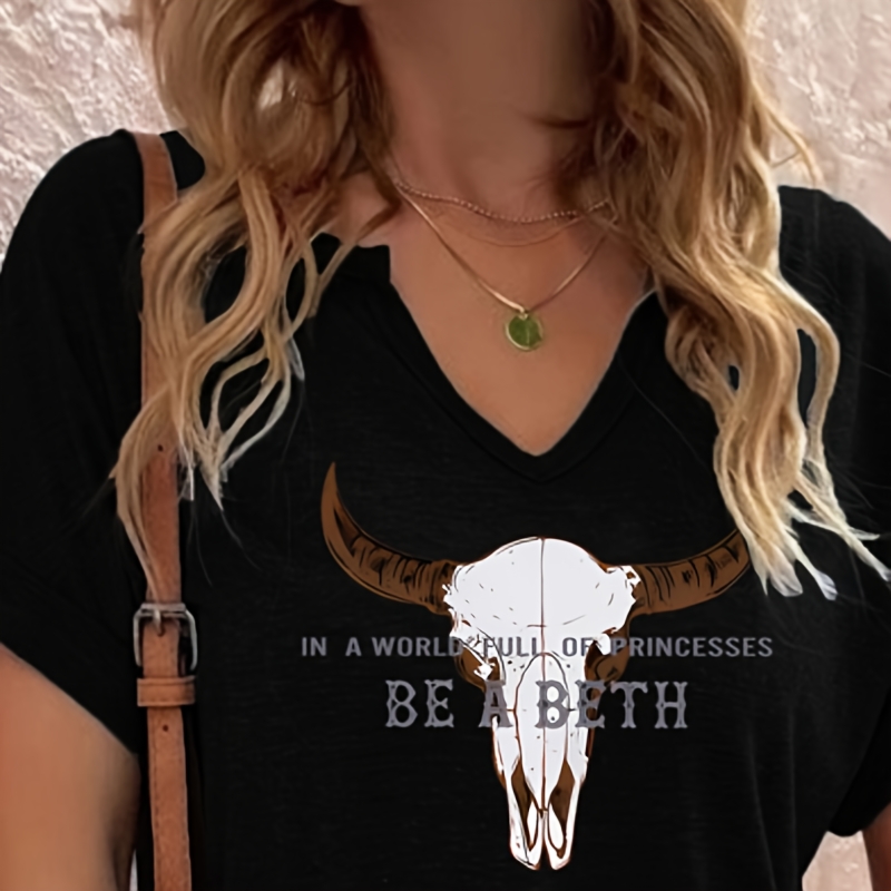 

Be A Beth" Inspirational Bull Skull Print T-shirt For Women - Lightweight Polyester, V-neck, Short Sleeve Casual Top - Ideal For , Machine Washable, Skull T Shirt