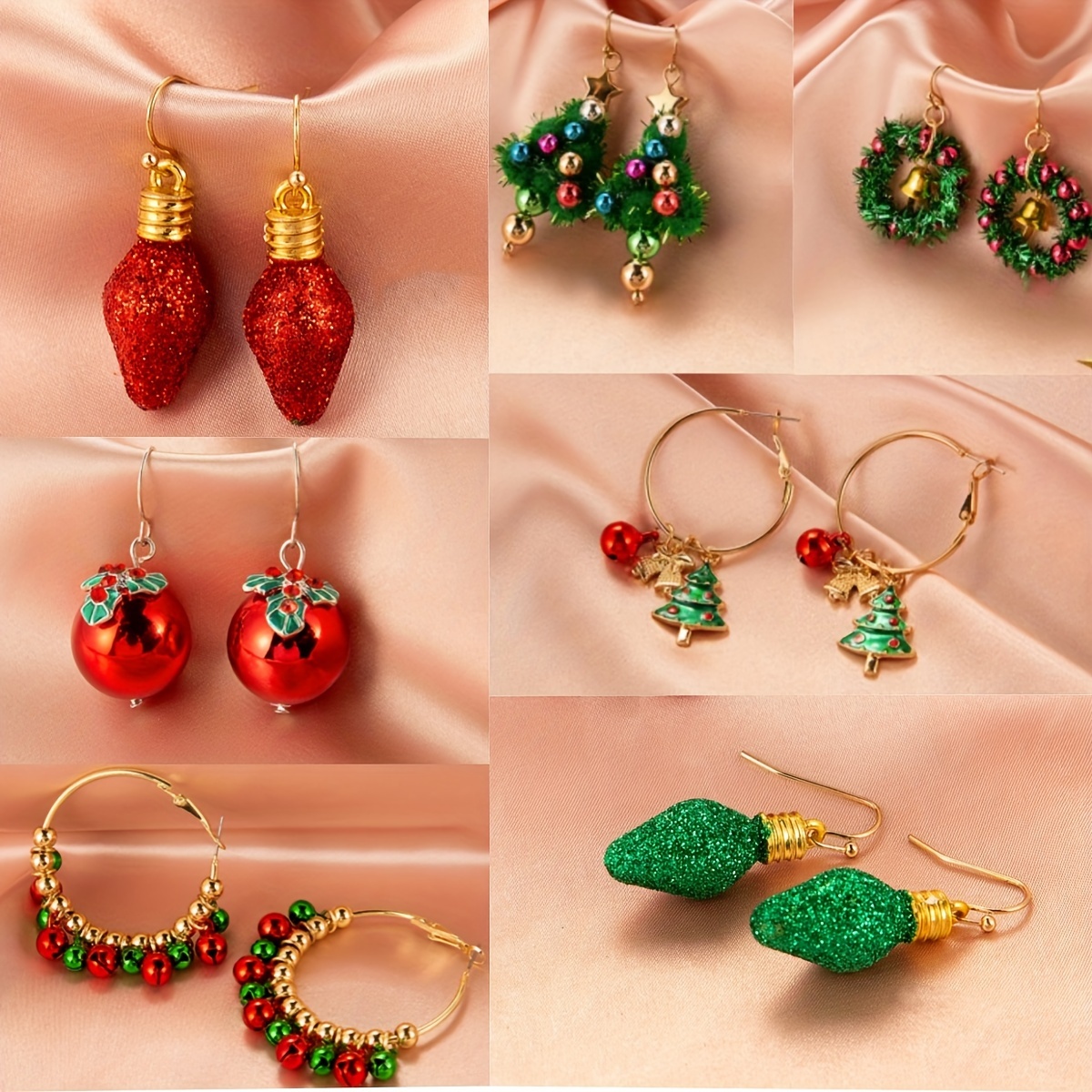 

7 Pairs Bell Pomegranate Pine Mistletoe Colorful Christmas Light Pendant Design Dangle Earrings For Women, Perfect Gifts For Winter Xmas Festival, Happy Holiday Accessories