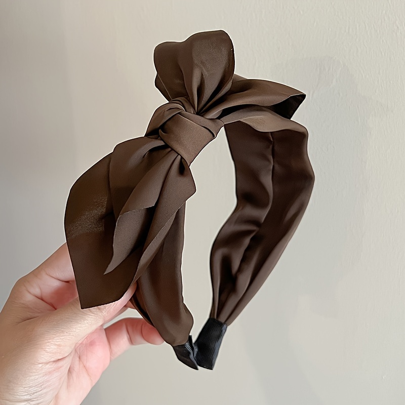 Image of Women's Milk Tea Color Wide-brimmed Large Bow Satin Hairband, Fabric Wide Knotted Easy And Elegant Suitable For Daily Commuting With Women's Hair Additions