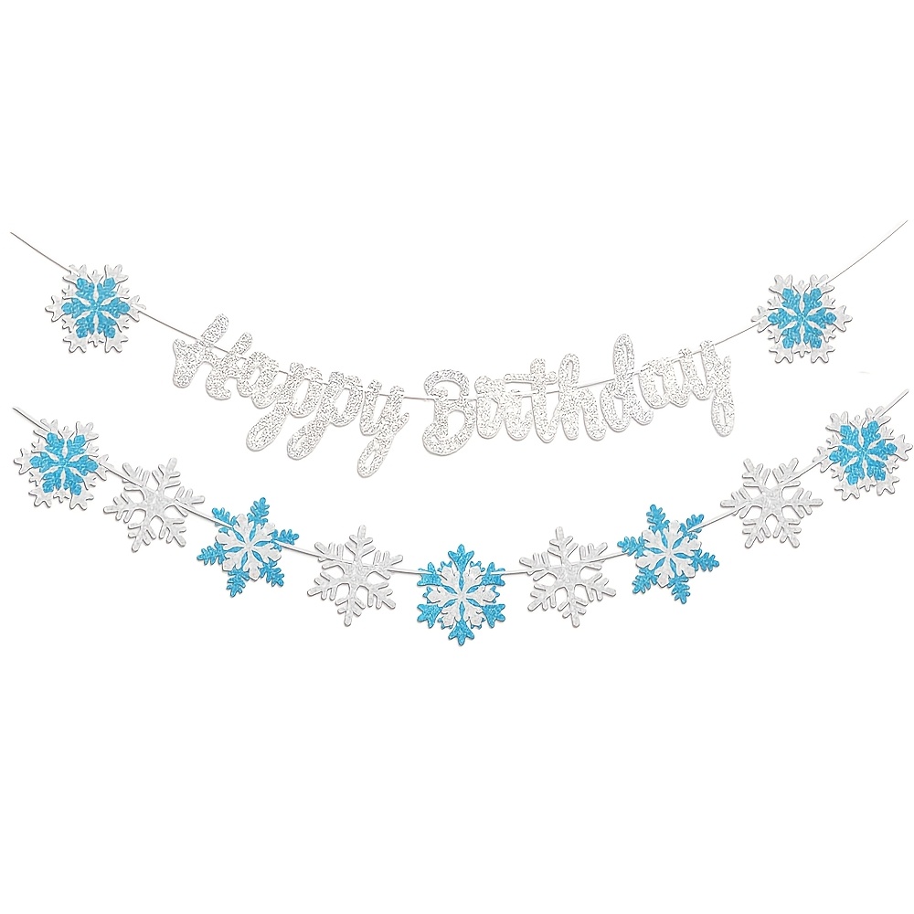 TEMU 1 Set Snowflake Birthday Decorations Banner Snow Winter Glitter Silver And Blue Snowflake Happy Banners For Winter Wonderland Party Christmas