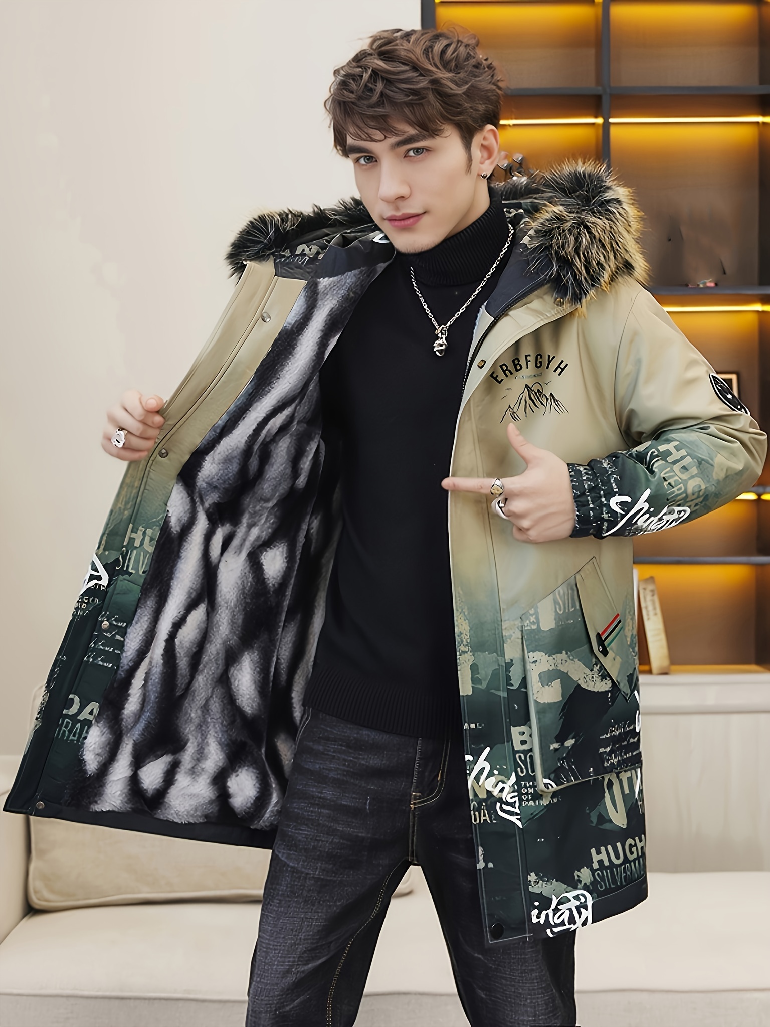 Men's Mid-Length Thickened Warm Jacket, Trendy Youth Style