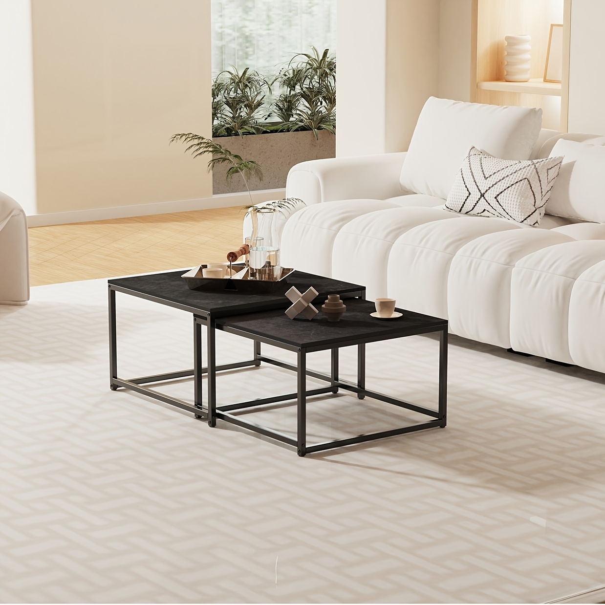 Set Of 2pcs Marble Coffee Tables: Set Of 2 Nesting Tables Scandinavian Side Table Set For Living Room Large: 65 X 40 Cm Small: 60 X 60 X (grey, White)