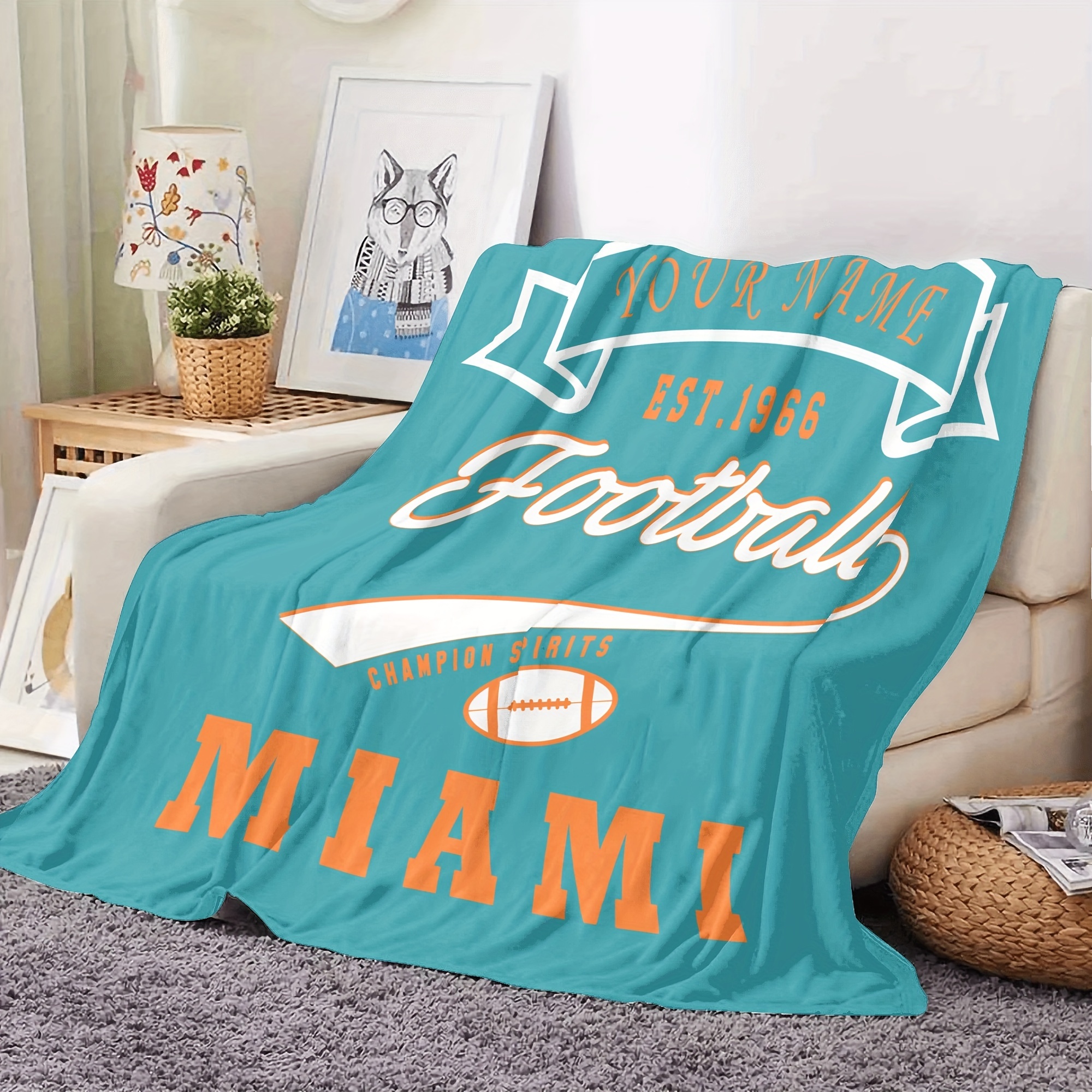 

Personalized Miami Football Fleece Throw Blanket - Custom Name, Perfect Gift For Fans, Ideal For Travel, Couch, Bed, Office & Home Decor - Polyester Knit Fabric, Rectangle Shape